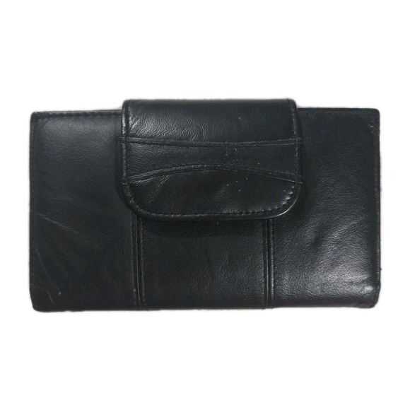 Vintage Black Leather Wallet Clutch Kiss Clasp - Picture 1 of 6
